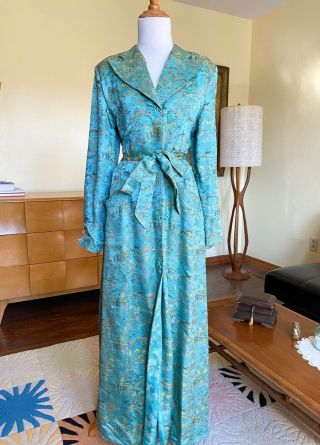 Vintage 1940s Asian Silk Brocade Robe Lingerie Dressing Gown Coat Aqua Quilted 2