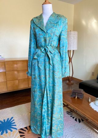 Vintage 1940s Asian Silk Brocade Robe Lingerie Dressing Gown Coat Aqua Quilted 3