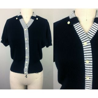 Vintage 1950s Sweater Cardigan Black And White Stripe Short Sleeve Pin Up S
