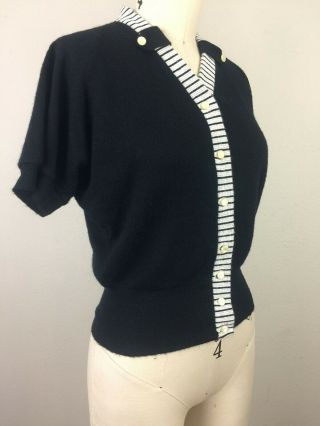 Vintage 1950s Sweater Cardigan Black and White Stripe Short Sleeve Pin Up S 2