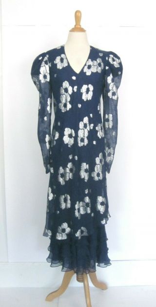 Vtg 80s Judy Hornby Couture Navy Silk Party Dress 10 Silver Metallic Floral