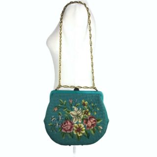 Vintage Petit Point Embroidered Floral Handbag Gold Chain Strap Turquoise Pink