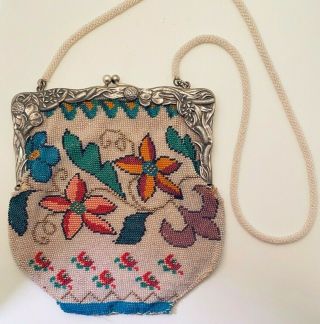 Antique Beaded Purse Sterling Silver Repousse Frame Multi - Color Flowers Gorham