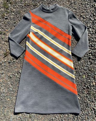 Vintage R & K Knits Dress Mod 1960s Diagonal Stripe Color Block Gray Op Art L