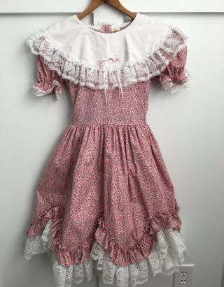 Vintage Lid’l Dolly’s Pink Calico Floral Ruffle Party Dress Girl Size 12 Guc