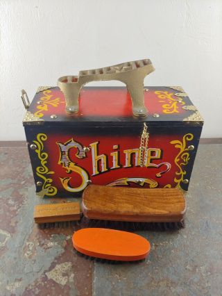 Vtg Shoe Shine Box Vintage Wood & Metal " 5 Cent Shine " Circus Theme Lettering