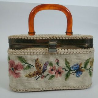 Vintage Jr Florida Embroidered Floral Woven Box Purse Lucite Handle