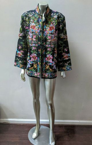 Vintage Retro Asian Silk Art Deco Hand Embroidered Cheongsam Boho Jacket Sz M