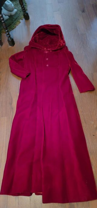 Vintage 50s Red Velvet Opera Coat Hooded 3/4 Sleeve Rhinestone Button Cape Coat