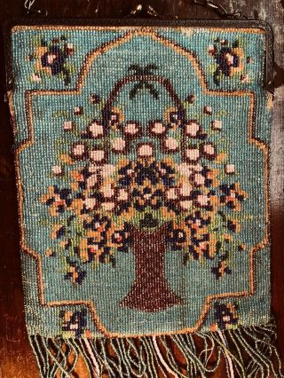 Antique Victorian Micro Beaded Purse Basket Of Flowers Figural