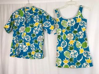 Vintage Made In Hawaii Floral Pineapple Wedding Set Dress & Shirt His & Hers S