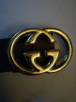 Vintage Gucci Brown Leather Belt With Gold Tone Double G Buckle