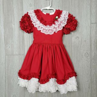 Vintage Pazazz Girls 6x Dress Red Ruffle Lace Cotton Full Skirt Pageant Holiday