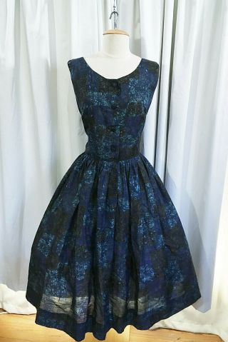 Vtg 50s 60s Blue Olive Batik Print Semi Sheer 1950s 1960s Full Skirt Dress L Xl