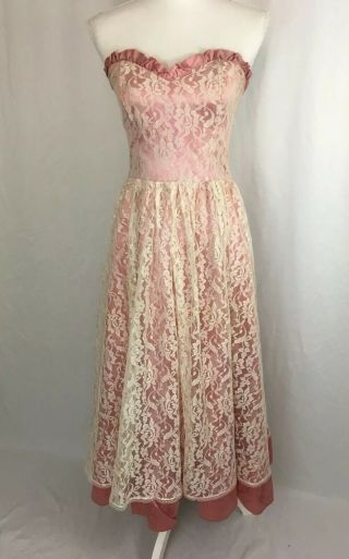 Vintage 1970s Gunne Sax Strapless Pink Satin Lace Party Prom Dress Tulle Size 7