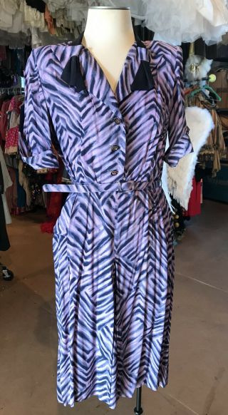 Vintage Midcentury 40’s Dress Purple And Navy Animal/ Geometric Print