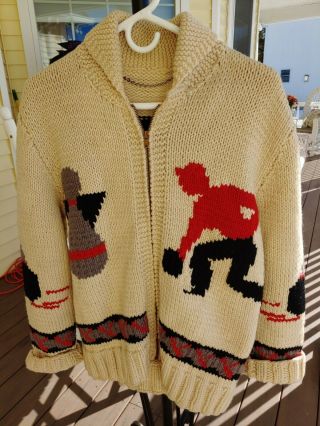 Vintage Hand Knit Bowling Cowichan Big Lebowski Zip Front Cardigan Sweater M