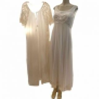 Shadowline White Chiffon Lace Long Night Gown Peignoir Set Robe Sz M Vtg 60s