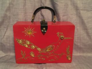Vintage Madge Signed Hand - Painted Enid Collins Inspired Wooden Box Purse Red