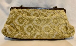 Vintage Velvet Chenille Floral Tapestry Carpet Golden Gold Leather Clutch Bag