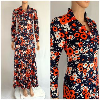 Vintage 60s 70s Maxi Dress Mod Deco Floral Print Empire Waist Hostess Party S
