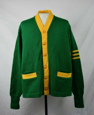Vintage Tm Athletics Letterman 100 Wool Cardigan 48 Green Yellow Vtg Collegiate