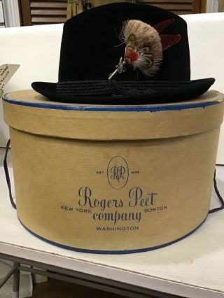 Rogers Peet Hat Box & Flechet Black Velour Brown Feather Fedora Size 7