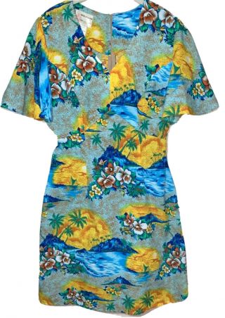 Vintage 60’s Royal Hawaiian Blue Floral Sea Print V Neck A - Line Dress Size L