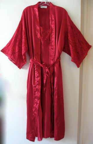 Vintage Val Mode Red Satin Crochet Detail Long Peignoir Gown Robe 2 Piece Set L