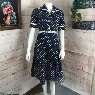 Vintage 40s 50s Navy Blue Polka Dot House Day Midi Dress S Small 1950s Cotton