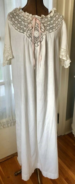 Antique Edwardian White Cotton Night Gown W/ Lace,  Embroidery & Openwork