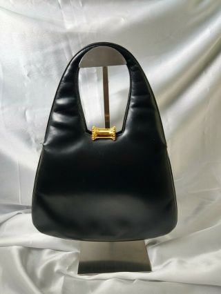 Vintage Mid Century Black Leather Dofan Short Handle Handbag