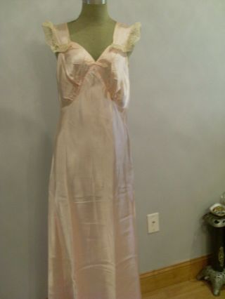 Vtg 1940s Pink Satin & Lace Rayon Nightgown Negligee Bias Cut Full Length Sz 36