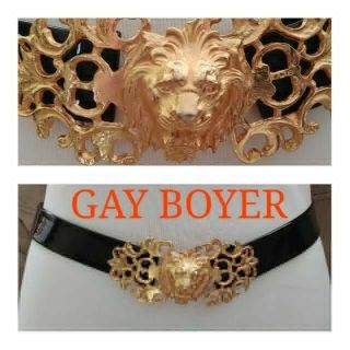 Vtg 80s Signed Gay Boyer High Fashion Runway Gold Lion Face Buckle Black Belt