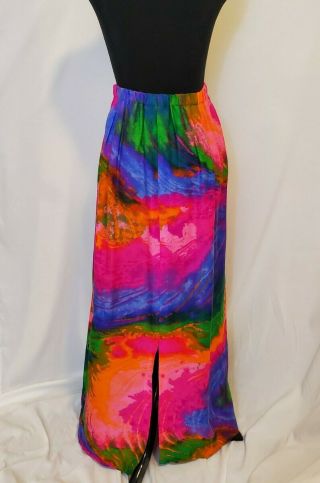 VTG 60 ' s ALICE POLYNESIAN Cotton Bark - cloth Dayglow Multicolor Maxi Skirt L/XL 2