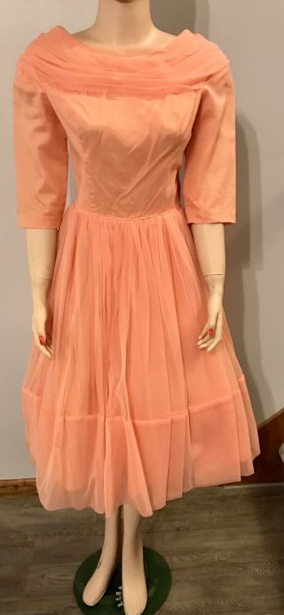 Vintage 50s Coral Chiffon Party Dress Full Skirt Drape Neck Cocktail 26” Waist