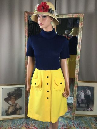 Vintage 70s Cover Girl Navy Blue And Yellow Dress Mod Design S/s Sz 14 Pockets