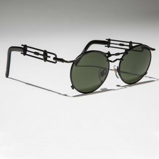Black Round 90s Steampunk Sunglass With Unique Temples Green Lens - Harrison