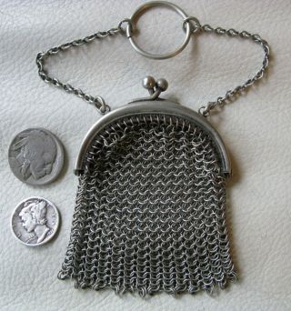 Antique Victorian Silver Tone Mesh Finger Ring Chatelaine French Doll Coin Purse