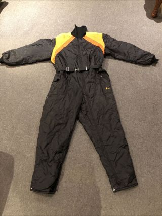 Vintage 80s Bombardier Skiing Snowmobile Snow Suit Black Yellow Large?