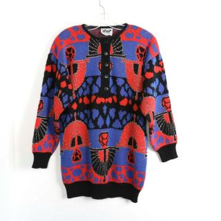 Snap Vintage 80s 90s Oversized Knit Red Blue Sweater S Small Women 