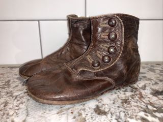 Victorian Child Toddler Brown Leather High Top Button Boots Edwardian Vtg Sz 4