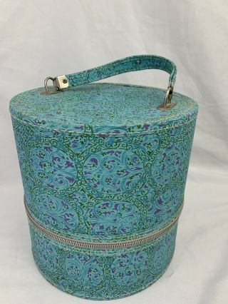 Vintage Blue Purple Green Paisley Round Zippered Wig Hat Carrier Travel Box Case