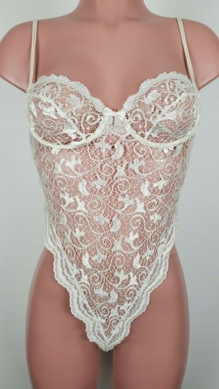 Vtg Victorias Secret Made Usa Bridal Lace Ivory Corset Teddy 34b Small Sheer