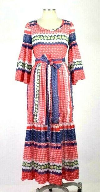 Vtg 70s Red White Blue Check Hippie Gown Maxi Dress Bell Sleeve Belt Womens Xs
