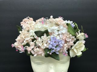 Vtg Pink Floral Ladies Pill Box Hat Millinery White/pink/lavender Flowers - Estate