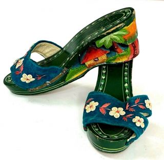 Vintage 1940s Polynesian Hand Carved Painted Wooded Wedge Shoes Decorative Suede