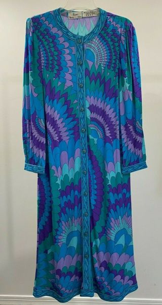 Vtg - Size 14 Averardo Bessi Blue Print 100 Silk Aqua Print Dress