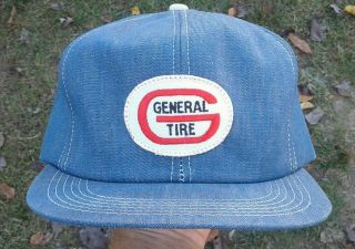 General Tire - Vtg 80s Blue Chambray Denim K - Brand Snapback Mesh Trucker Hat