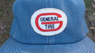 GENERAL TIRE - Vtg 80s Blue Chambray Denim K - BRAND Snapback Mesh Trucker Hat 2